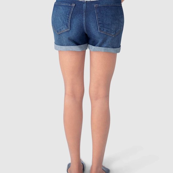 OLGYN Stretch Rolled Hem Dark Blue Denim Shorts - Picture 2 of 5
